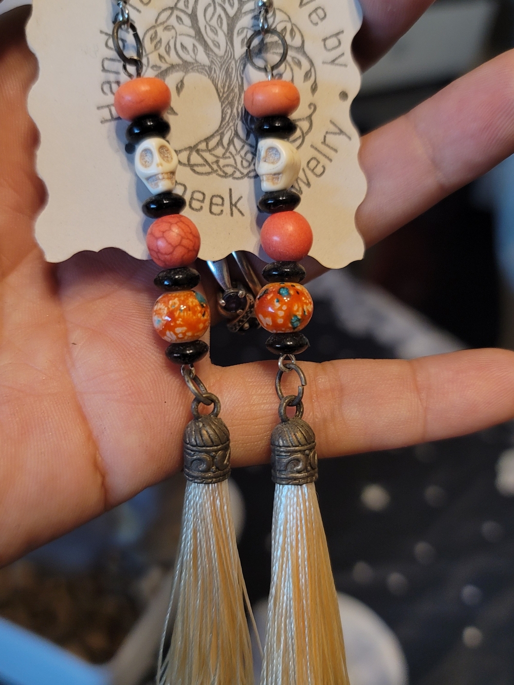 Handmade Multi Stone Orange Skull Bead Tassel Earrings